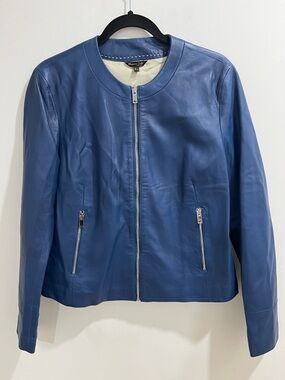 Massimo Dutti Women’s Leather Jacket Large Sheep Leather Blue Round Neck Silver